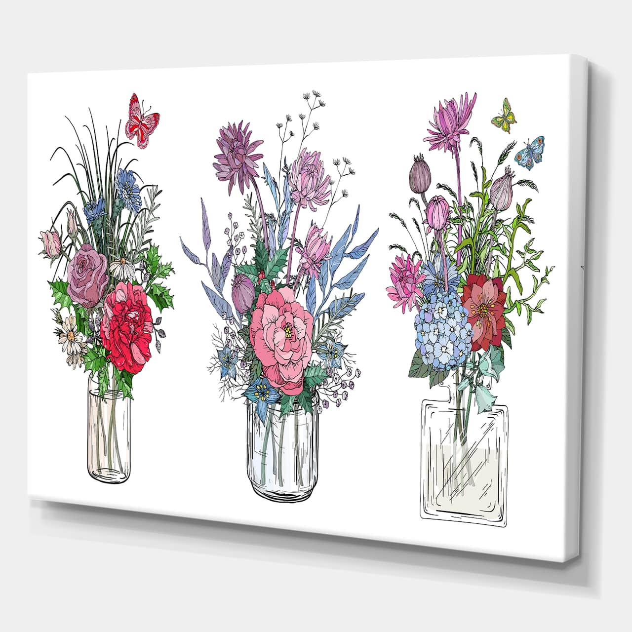 Designart - Bouquets of Wildflowers In Transparent Vases I - Farmhouse Canvas Wall Art Print